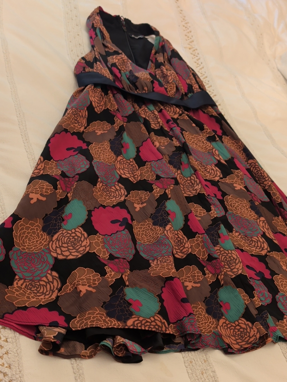 Betsey Johnson Black Floral Midi Dress with Pink, Teal & Brown Accents